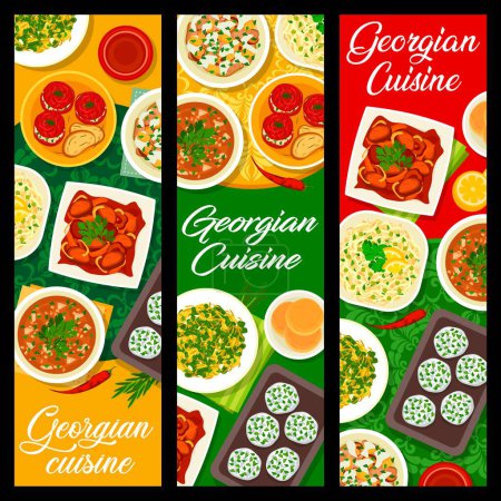 Illustration for Georgian cuisine food banners. Vector baked green beans, flatbread and beef tongue salad, tomato sauce Satsebeli, stuffed tomatoes and cabbage salad, beef with Tkemali sauce, cheese mint balls - Royalty Free Image