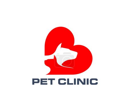 Illustration for Pet clinic icon of cat and dog animals in red heart vector silhouette. Veterinary medicine and pet care hospital emblem with heads of dog, cat, puppy or kitten domestic animals, vet shop or clinic - Royalty Free Image