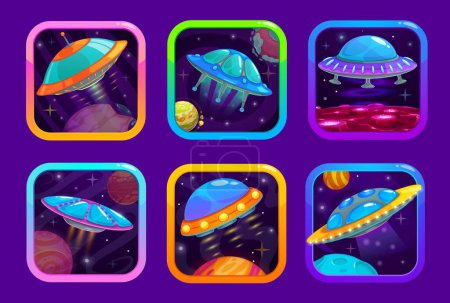 Ilustración de Iconos de aplicaciones de juegos espaciales de dibujos animados con naves espaciales UFO, insignias de vectores de aplicaciones móviles. Iconos de aplicaciones de juegos arcade de fantasía galáctica y alienígena o botones de interfaz de usuario de aplicaciones con planeta espacial alienígena y nave espacial UFO - Imagen libre de derechos