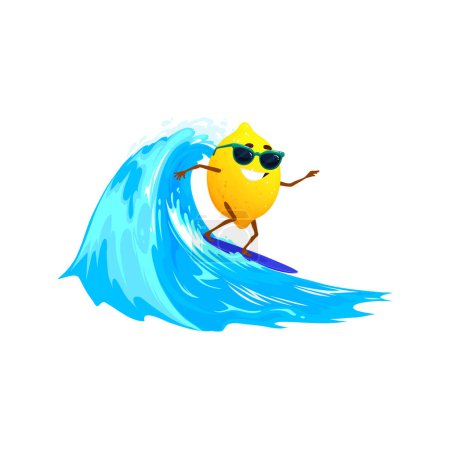 Illustration for Cartoon surfer lemon character riding large wave. Vector yellow citrus on surfboard in sunglasses with happy smile get surfing thrill, adventure and summertime fun. Active adventurous beach lifestyle - Royalty Free Image