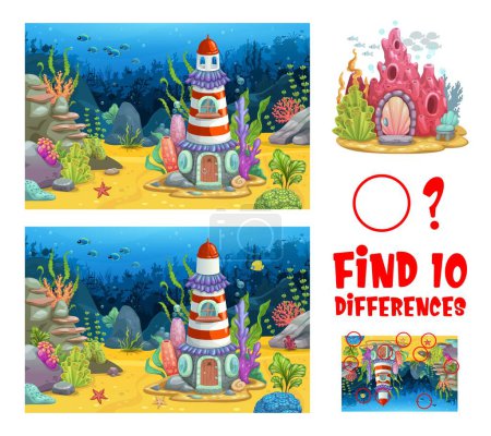 Find ten differences on underwater sunken lighthouse. Kids vector game worksheet with cartoon beacon on sea bottom landscape with colorful seaweeds and corals. Educational children riddle activity