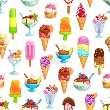 Illustration for Cartoon ice cream seamless pattern. Textile or fabric background, wallpaper vector print or wrapping paper backdrop with fruit and berry popsicle ice cream, gelateria sweets and sundae cone dessert - Royalty Free Image