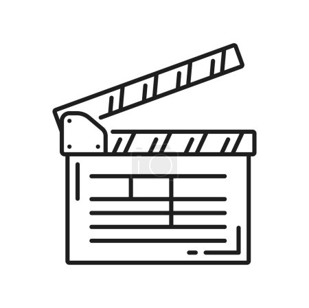 Illustration for Clapper board isolated film production desk outline icon. Vector movie shooting instrument, movie cinema clapboard, scene and action board - Royalty Free Image