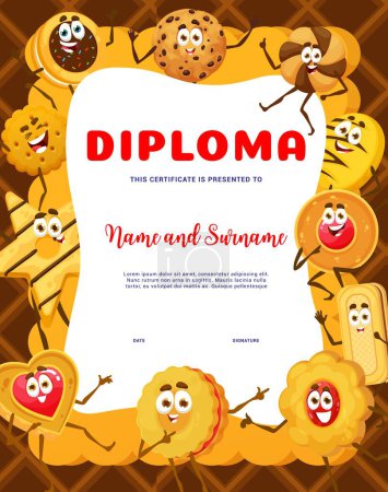 Illustration for Kids diploma cartoon cookie and confectionery characters. Education vector certificate with funny biscuit, star, cracker and chocolate cookie personages. School or kindergarten award frame - Royalty Free Image