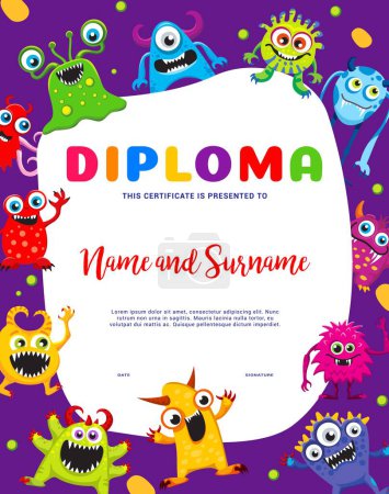 Illustration for Kids diploma cartoon cute monster characters vector background frame. Kids certificate or diploma of kindergarten or preschool education achievement with funny space aliens and Halloween monsters - Royalty Free Image