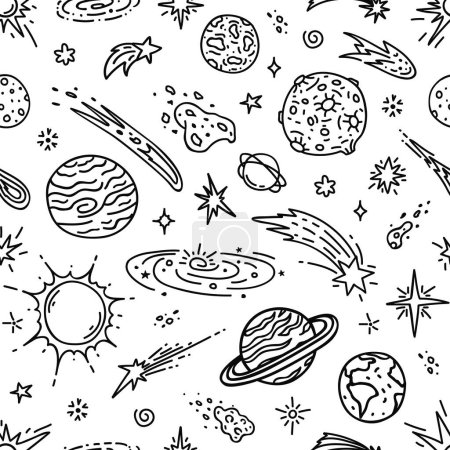 Téléchargez les illustrations : Doodle planètes de l'espace, étoiles, comètes et astéroïdes motif sans couture. Fond vectoriel de l'univers Galaxy avec dessin à la main Terre, Lune, Saturne, Soleil et croquis d'étoiles filantes, modèle de science d'astronomie - en licence libre de droit