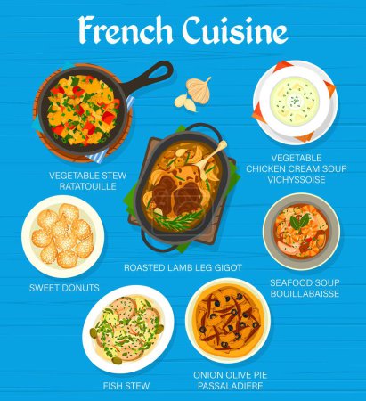Illustration for French cuisine meals menu template. Vegetable stew ratatouille, onion olive pie Passaladiere and fish stew, coffee, soup Bouillabaisse and lamb leg Gigot, donuts, chicken cream soup Vichyssoise - Royalty Free Image