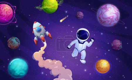 Ilustración de Astronauta de dibujos animados en el paisaje de galaxias estrelladas del espacio exterior. Vector divertido cosmonauta flotar en la ingravidez con planetas alienígenas, nave espacial cohete, asteroides y estrellas. Viaje interestelar, misión - Imagen libre de derechos