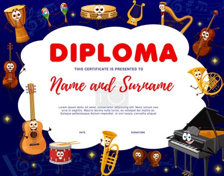 Illustration for Kids diploma, cartoon musical instrument characters and music notes. Vector diploma or certificate of kindergarten music education with background frame of cute guitar, piano, drum, violin personages - Royalty Free Image