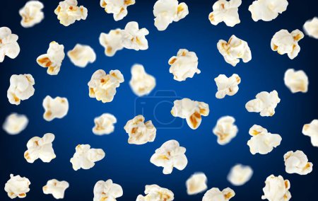Illustration for Realistic flying popcorn background. Vector wallpaper for cinema theater or movie event with fluffy 3d pop corn kernels on blue backdrop. Fast food dessert meal, realistic takeaway crunchy sweetcorn - Royalty Free Image