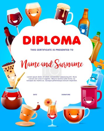 Illustration for Sommelier and taster diploma with cartoon drinks and beverage characters. Vector certificate with cute tea, coffee, beer and wine, tequila, pulque and cocktail or bubble tea mug and bottle personages - Royalty Free Image