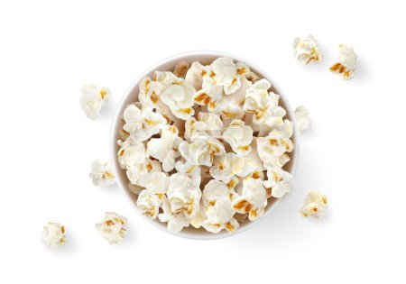 Popcorn bucket top view. Realistic 3d vector pop corn in paper bucket or cup with scattered flakes or kernels around. Sweet or salted caramel fast food for cinema movie, isolated tasty crunchy snack