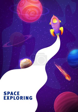 Illustration for Rocket launch in galaxy space for landing page website, vector background. Space exploring for business startup website template or landing page layout with rocket spaceship and galactic planets - Royalty Free Image
