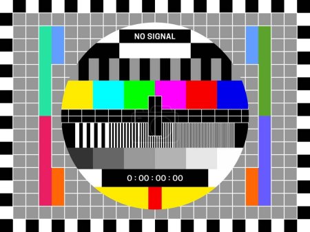 TV-Signal Testbildschirm, Retro-TV Farbtest des Broadcast-Musters, Vektor alten Video-Hintergrund. TV-Enddisplay mit Bildschirm-Testraster, Bildqualität und Farbkalibrierungsdiagramm