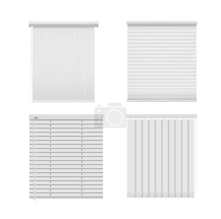 Illustration for Roller window blinds and curtains. Roll jalousie, venetian and roman shades. Vector realistic window shutters with vertical and horizontal blinds made of white plastic, metal and fabric - Royalty Free Image
