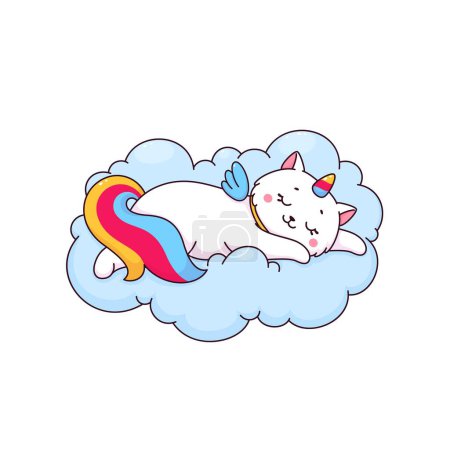 Cartoon niedlich caticorn Charakter. Vector weiße Einhornkatze schläft auf weichen, flauschigen Wolken. Kawaii magic kitten personage mit buntem Regenbogenschwanz, Horn und Flügeln. Lustige märchenhafte Kätzchen schlafen im Himmel