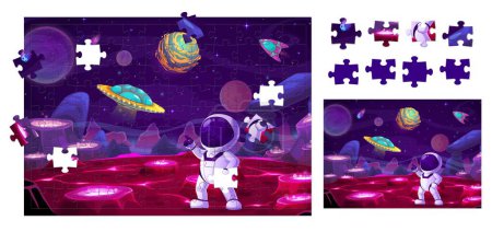 Illustration for Space and astronaut on planet, jigsaw puzzle game pieces, vector galaxy grid background. Spaceman on planet with UFO, starships and spaceship rockets, kids puzzle jigsaw pieces or game worksheet - Royalty Free Image