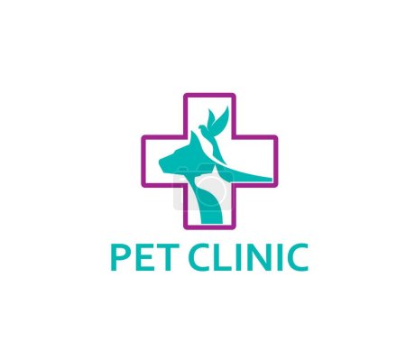 Illustration for Pet clinic icon, dog, cat and bird in cross, vet hospital or veterinary doctor vector symbol. Veterinarian care, animals health and pet clinic or medical center sign for dogs and cats healthcare - Royalty Free Image