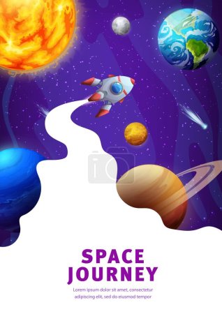Illustration for Space landing page, galaxy landscape with rocket, stars and planets. Shuttle with white smoke frame flying in fantasy cosmic world. Vector background with spaceship travel journey in alien Universe - Royalty Free Image