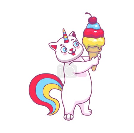 Ilustración de Lindo personaje de caticorn con helado. Cuento de hadas unicornio gato, kawaii caticorn o gatito mágico personaje vector cómico. Criatura de hadas con cereza en helado helado helado postre cono - Imagen libre de derechos