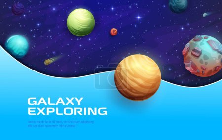 Illustration for Space landing page with 3D galaxy planets, stars and starry universe, vector background. Galaxy exploring landing page or website template with cosmic fantasy world alien planet and meteorites - Royalty Free Image