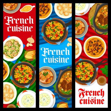 Illustration for French cuisine food vertical banners. Vegetable ratatouille, donuts and seafood soup Bouillabaisse, fish stew, lamb leg Gigot and coffee, chicken cream soup Vichyssoise, onion olive pie Passaladiere - Royalty Free Image