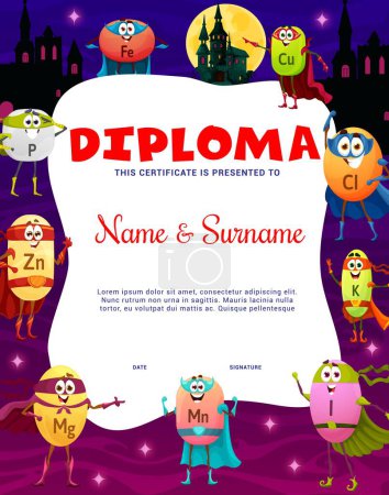 Illustration for Kids diploma. Cartoon vitamin and micronutrient superhero characters. Vector certificate with Fe, Cu and Cl, K, I and Mn, Mg, Zn and P food supplement capsules personages in fairytale night city - Royalty Free Image