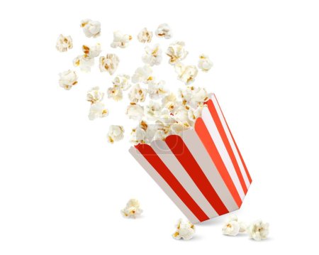 Illustration for Popcorn box, striped pop corn bucket container, vector isolated realistic on white background. Popcorn splash from red white stripe box for cinema snack or movie theater fast food menu - Royalty Free Image