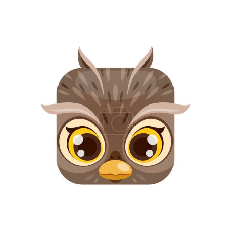 Illustration for Owl cartoon kawaii square animal face, isolated vector forest bird character portrait with big round eyes. App button, icon, graphic design element - Royalty Free Image