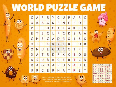 Illustration for Vquiz game worksheet. Vector crossword with baguette, cupcake, croissant and loaf, checkerboard, donut or cracker, fortune and star cookies - Royalty Free Image