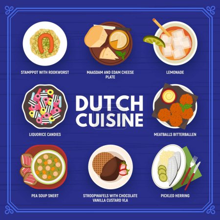 Illustration for Dutch cuisine menu and food of Netherlands with stamppot, stroopwafel and bitterballen, vector. Dutch cuisine gourmet cheese plate and herring for restaurant dinner, rookworst sausage and lunch meals - Royalty Free Image