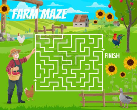 Illustration for Labyrinth maze, help the old farmer find a rooster and goose. Kids vector worksheet boardgame with cartoon man villager searching birds on ranch, tangled path, start and finish, recreational riddle - Royalty Free Image