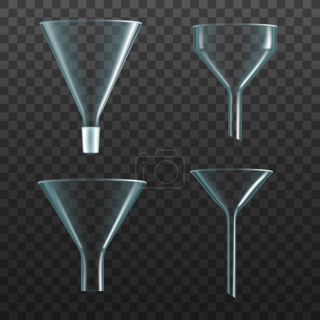 Illustration for Glass funnel, realistic transparent chemistry and laboratory filter beaker, vector glass flask. Glass funnel tube in 3D, chemical lab glassware, test cylinder cone, experiment laboratory equipment - Royalty Free Image