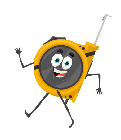 Illustration for Cartoon tape measure tool character, construction works item and vector measuring equipment. Funny measure tape with smile face, cartoon personage for DIY workshop repair and carpentry work tools - Royalty Free Image