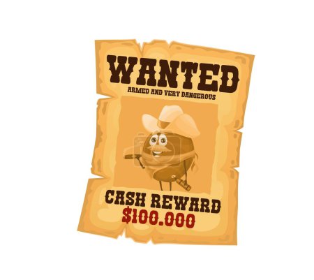 Vintage Western wanted poster with plum bandit character, vector fruit robber. Wanted dead or alive reward poster with funny cartoon plum fruit in western bandit mask, Wild West cowboy hat and gun