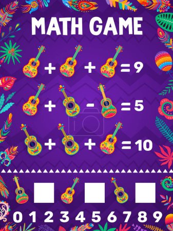 Illustration for Math game worksheet, mexican music guitars and flowers counting puzzle quiz. Vector musical instruments of Mexico fiesta party mariachi in frame of floral pattern. Cartoon vihuela guitars - Royalty Free Image