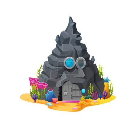 Illustration for Cartoon cave in rock, underwater house building, vector undersea home dwelling. Mermaid or coral reef marine creature shelter in underwater rock with windows and door in cave, fairy marine house - Royalty Free Image