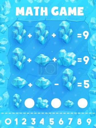 Illustration for Math game worksheet, ice crystals and cubes, vector mathematics puzzle. Education activity for school kids in numbers count task or calculation skills in math game quiz with frozen ice crystals - Royalty Free Image