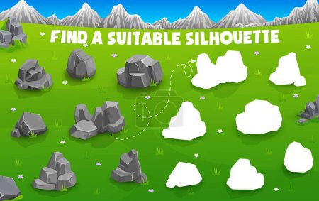Illustration for Find suitable silhouette of grey rock stones, vector game worksheet or kids quiz puzzle. Search, compare and find the correct shadow of objects on picture with stone rocks and pebbles for riddle game - Royalty Free Image