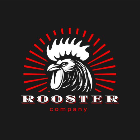 Illustration for Agriculture and farm rooster mascot. Vector icon of cock or cockerel animal head, white feathers, comb and beak with red sun rays. Brave rooster symbol of poultry farm, chicken meat and egg food label - Royalty Free Image