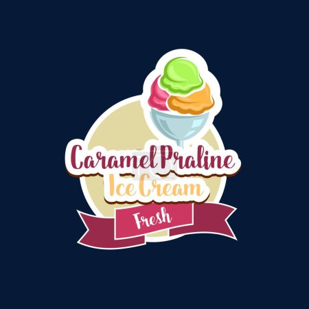 Ilustración de Icono de helado praliné de caramelo, comida dulce y postres congelados, gelatería vectorial o emblema de cafetería. Cuchara de helado en sorbete de oblea o helado con sabor a caramelo praliné para el menú de café helado - Imagen libre de derechos