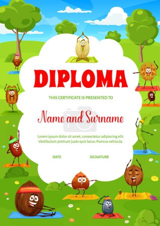 Illustration for Kids diploma cartoon nut character on yoga fitness sport. Vector certificate with cashew, pekan, coconut, walnut, peanut and almond. Sunflower or pumpkin seeds, coffee bean or hazelnut award frame - Royalty Free Image