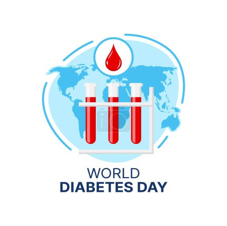 Illustration for World Diabetes Day icon of vector blood drop in blue circle, glucose or sugar level test tubes on world map background. Global awareness campaign of diabetes mellitus disease, 14th November symbol - Royalty Free Image