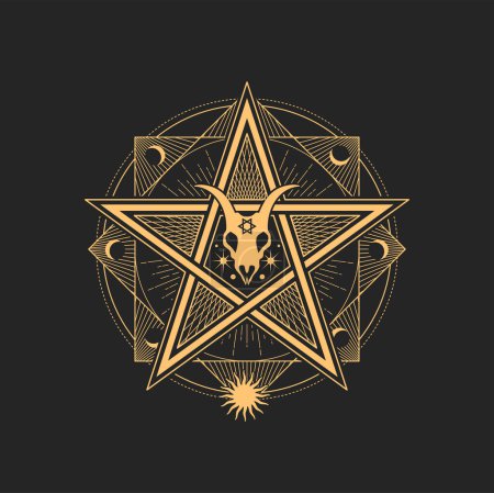 Illustration for Esoteric and occult Pentagram with goat skull, octagram, crescent, moon and stars symbol for magic tarot cards. Vector witchcraft or alchemy sign, spiritual emblem, isolated wicca or pagan amulet - Royalty Free Image