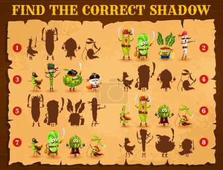 Illustration for Cartoon vegetable pirates and corsairs, find a correct shadow game. Matching puzzle quiz vector worksheet with cute veggie characters, funny bean, olive and corn, olive, cabbage and radish personages - Royalty Free Image