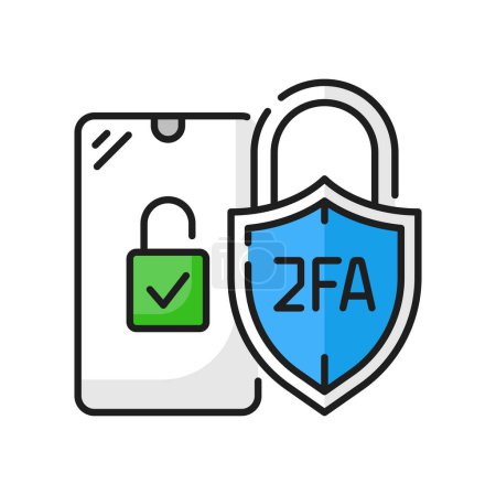 Illustration for 2FA 2-step authentication, two factor verification color icon. Vector multi factor 2fa authentication with smartphone, shield and mobile phone with lock - Royalty Free Image