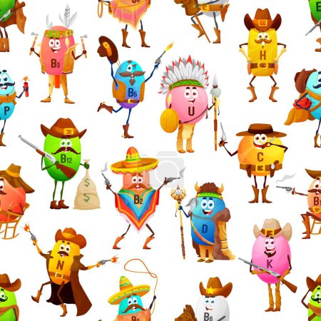 Illustration for Cartoon vitamin cowboys, bandits, rangers and Indians characters seamless pattern, vector background. Funny vitamin pills in cowboy hat or Indian chief tomahawk and Western ranger in seamless pattern - Royalty Free Image