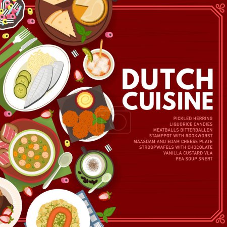 Illustration for Dutch cuisine menu cover, Netherlands dishes and meals vector poster. Dutch cuisine dinner and lunch dishes with bitterballen meatballs with stamppot rookworst sausage cheese plate and stroopwafel - Royalty Free Image