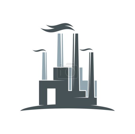 Illustration for Factory building icon with plant of power industry. Industrial building vector silhouette with smoke pipes and chimneys. Oil and gas refinery plant, nuclear power station or chemical factory symbol - Royalty Free Image