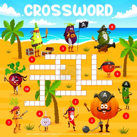 Illustration for Crossword grid cartoon vegetable pirates and corsairs on treasure island. Quiz game for children with vector cucumber, chili, eggplant, garlic, pumpkin or zucchini, carrot, avocado, tomato and beet - Royalty Free Image
